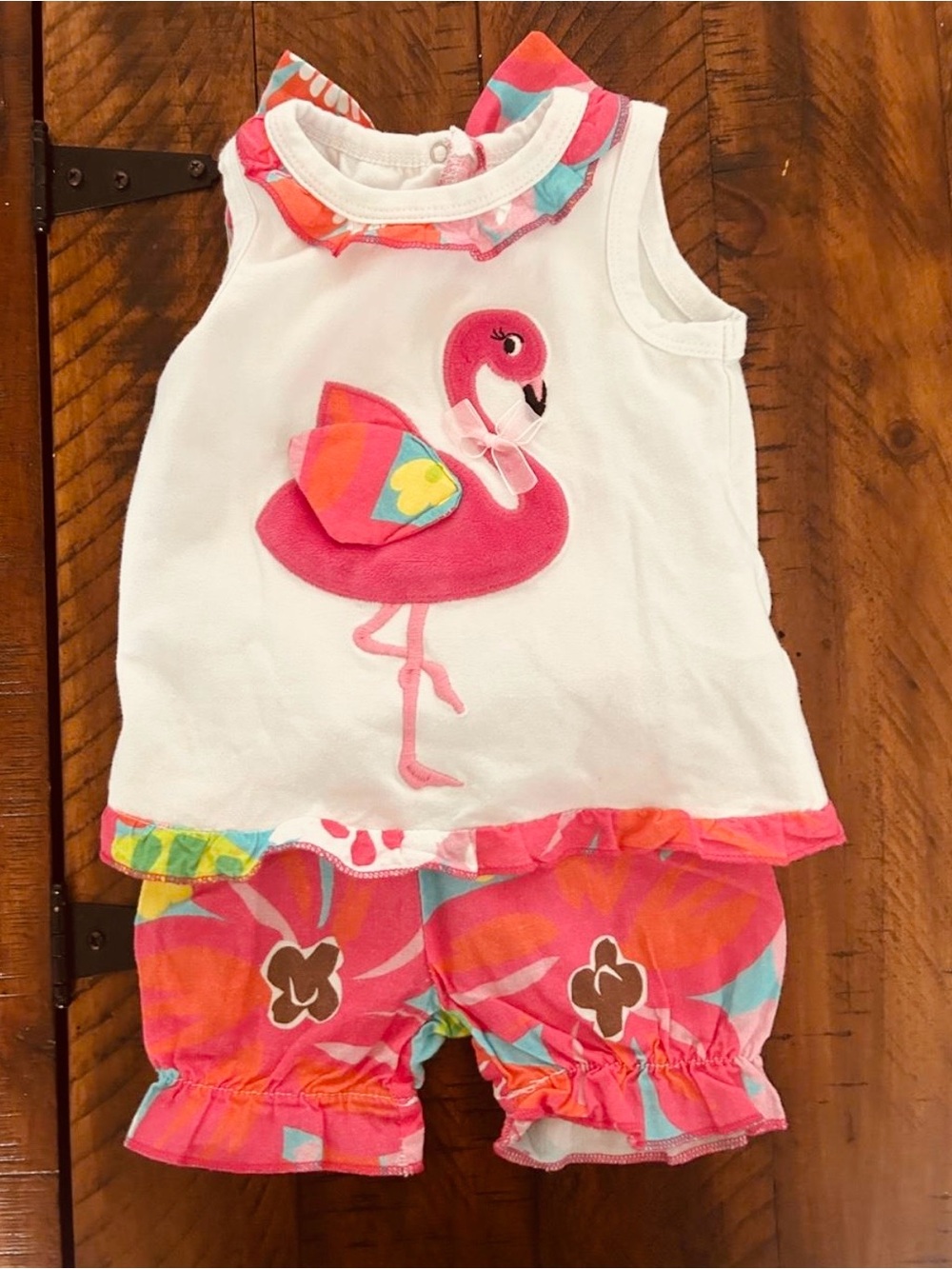 Baby Girls White & Pink Flamingo Pajama Set - Sleeveless Top & Ruffle Shorts